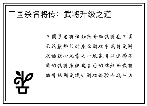 三国杀名将传：武将升级之道